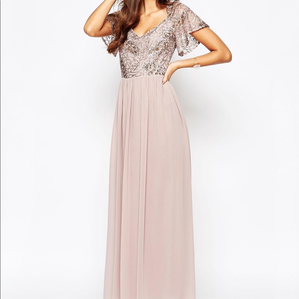 ASOS Chiffon Maxi Dress with Sequin Top and Fluted Sleeve in Mink/Cooper Sequin